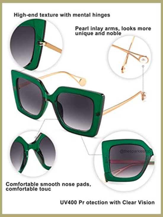 Oversized Square Cat Eye Sunglasses with Pearl Inlay, UV400 Protection main image 2